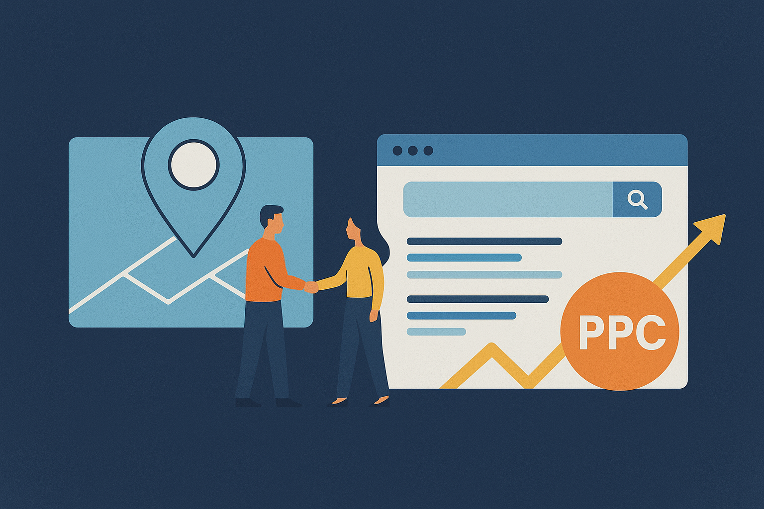 Illustration showing a local SEO and PPC strategy with a map pin icon, two people shaking hands, and a search results page featuring a rising PPC graph.