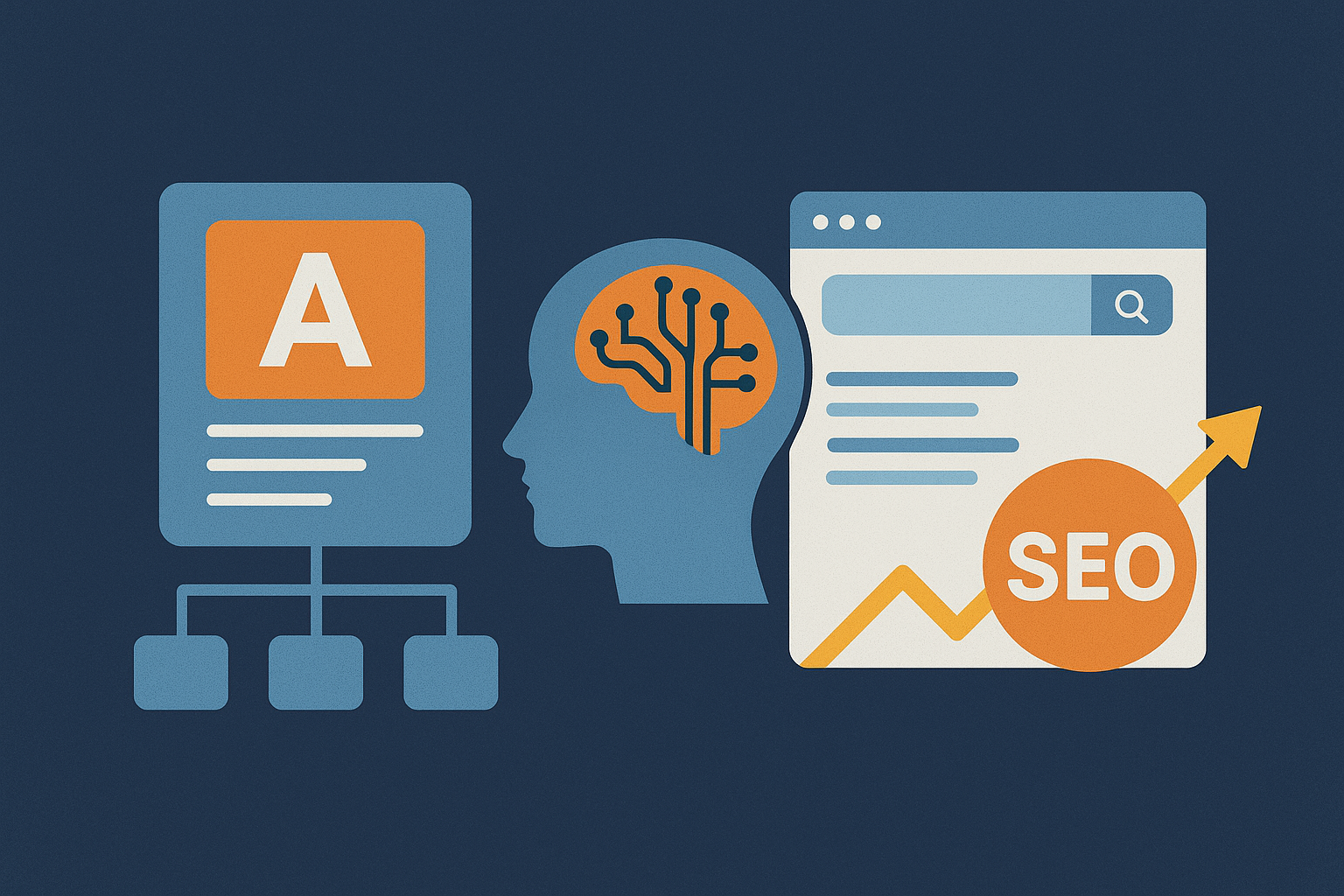 Illustration of a content hub with connected topic clusters, an AI-powered brain icon, and an SEO search results page showing growth, representing an AI-driven content hub and topic cluster strategy for better rankings.